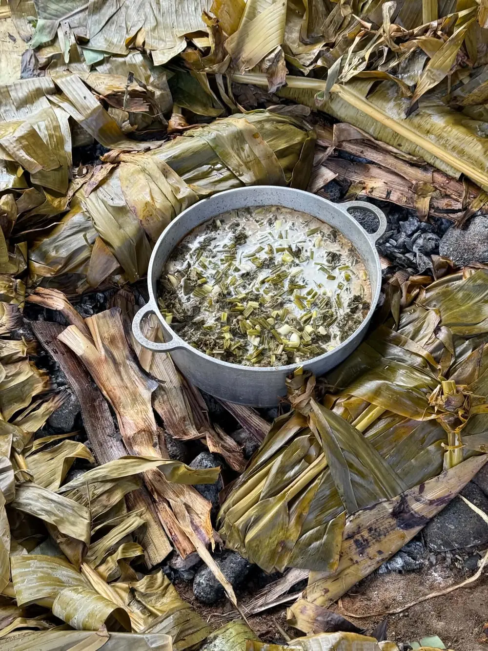 Repas traditionnel cuit au four polynésien, dans les feuilles de bananier