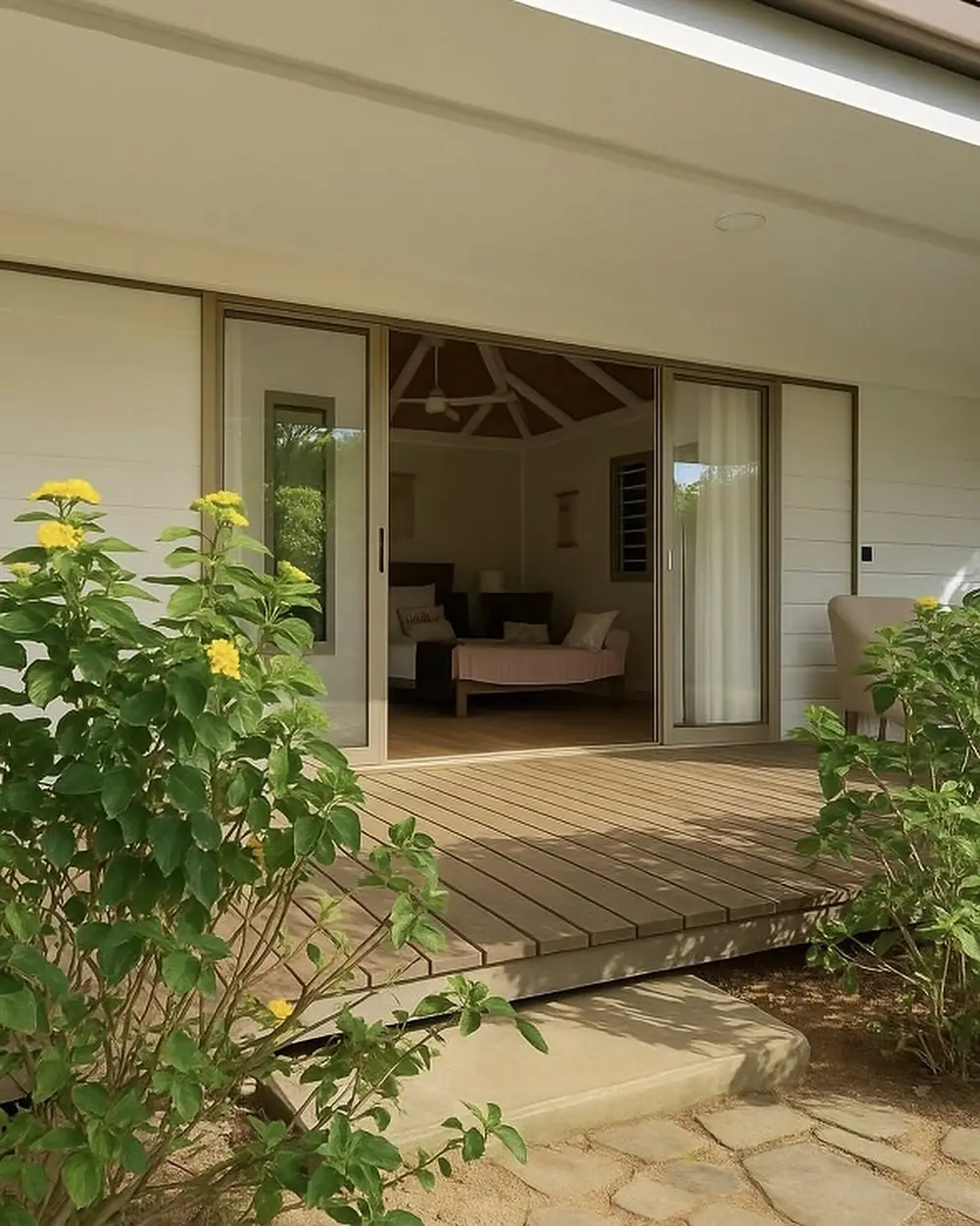La terrasse du bungalow ouverte sur le jardin